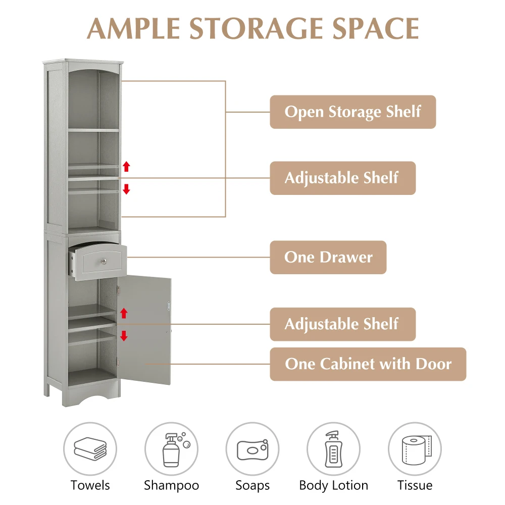 Tall Bathroom Cabinet, Freestanding Storage Cabinet With Drawer, MDF Board, Adjustable Shelf, Grey 3