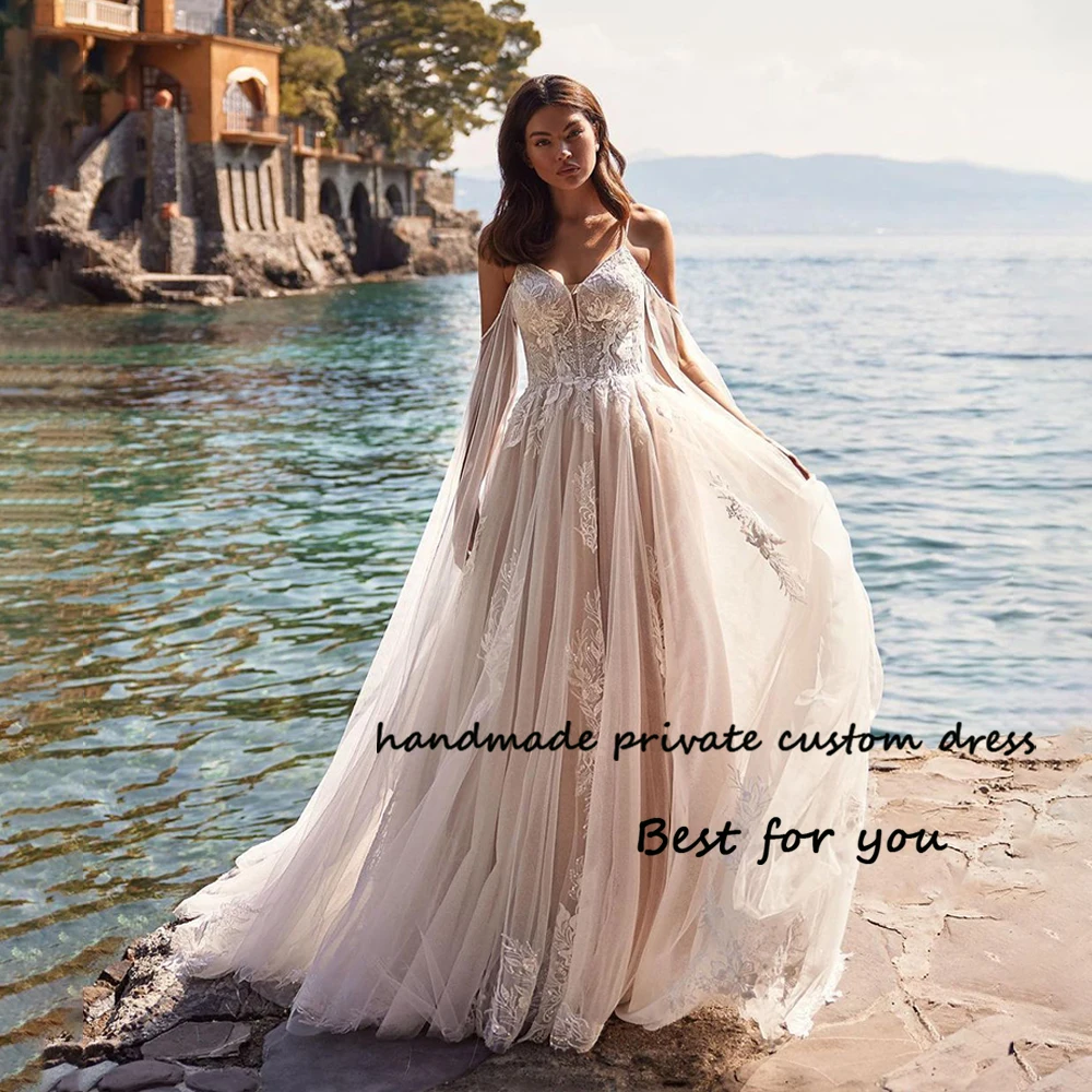 

Boho Wedding Dresses for Bride Cold Shoulder V Neck Lace Appliques Tulle Beach Bridal Gowns Backelss Boho Bride Dress with Train