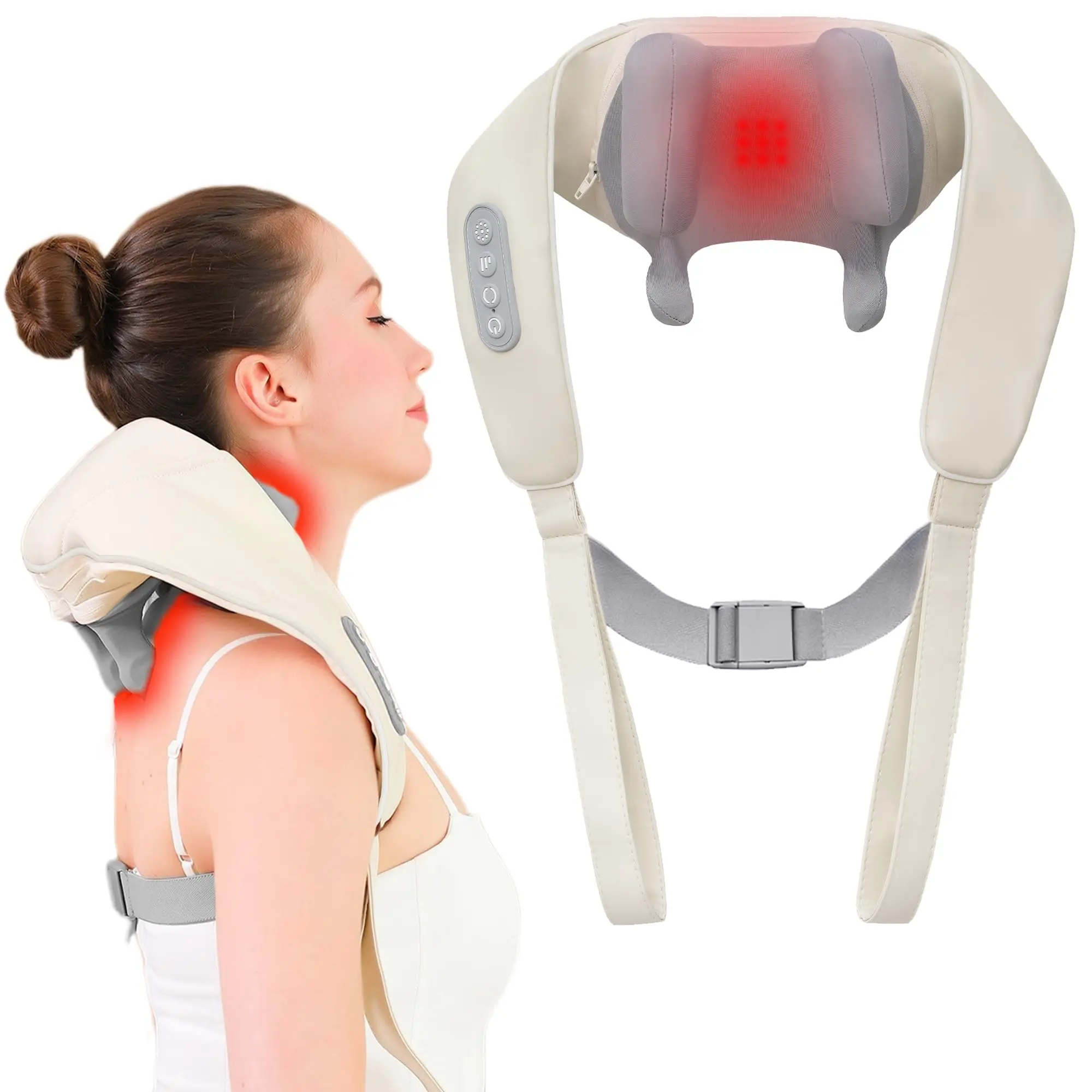 Massaggiatore Shiatsu per il collo, per un massaggio profondo dei tessuti, senza fili, per collo e spalle, con funzione riscaldante e massaggio elettrico impastante 4D._voghion.com