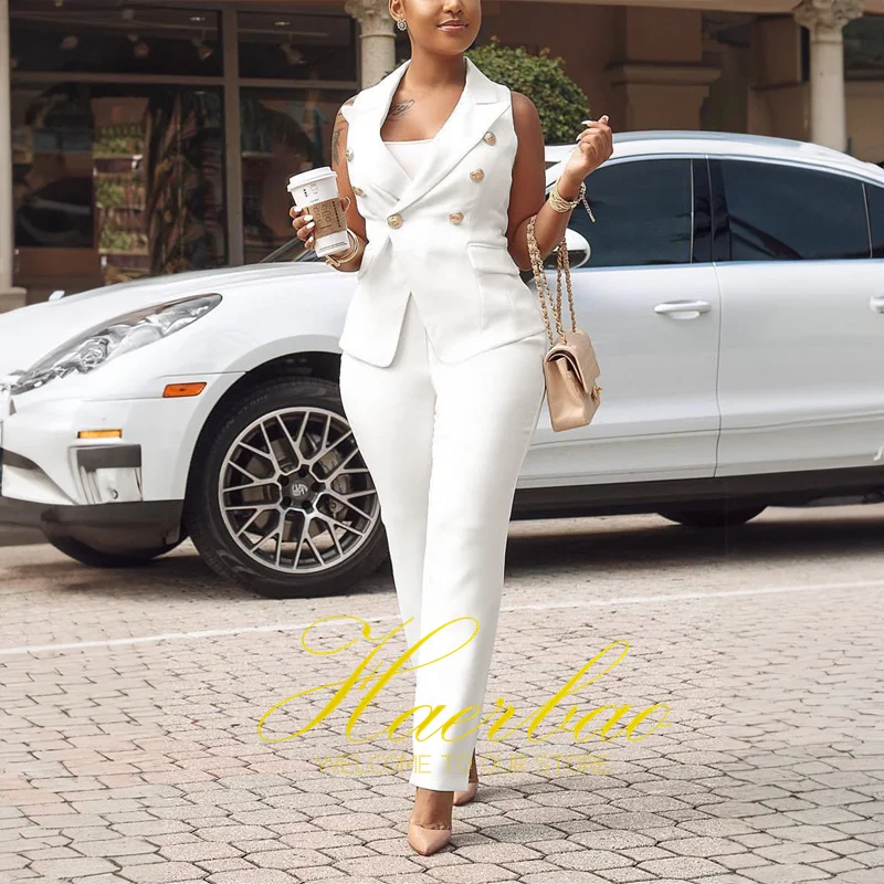 Women's Double Breasted Suit Pants and Vest, Loose Outfit, Office Workwear for Ladies, Fashion, 2Pcs