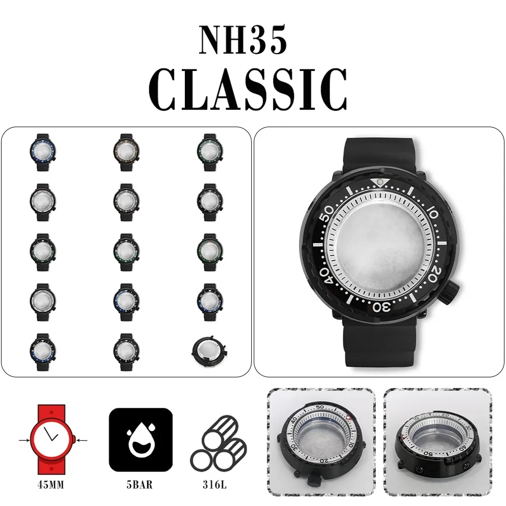

PVD Black 45mm Can Case + White Shadow + Black Rubber Strap Compatible with NH35/NH36 movements
