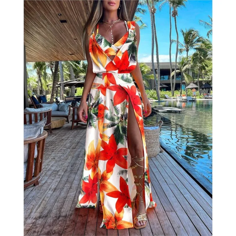 

2023 Summer New Women's Fashion Elegant Temperament Comfortable Strap Sleeveless V-neck Coconut Tree Print Split Bottom Dress