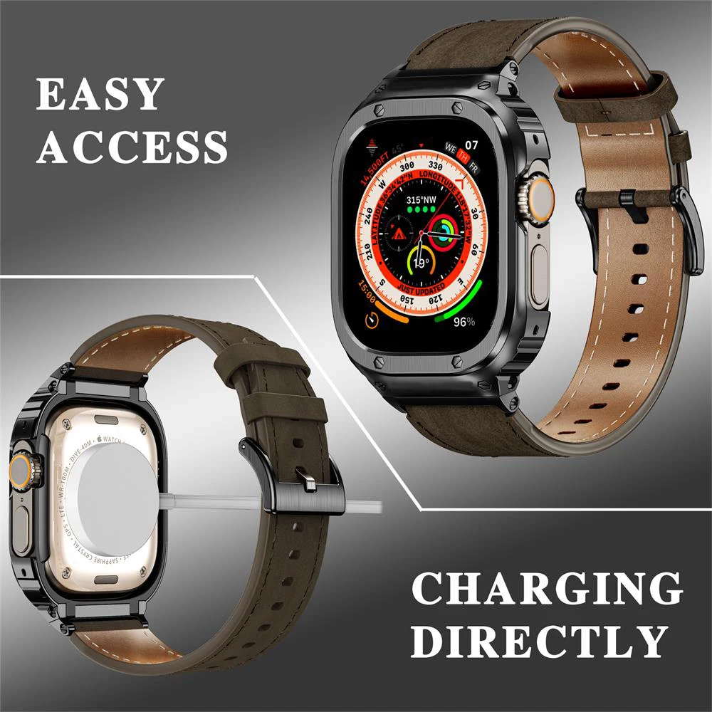 Metal Case+Genuine Leather Strap For Apple Watch Band 44mm