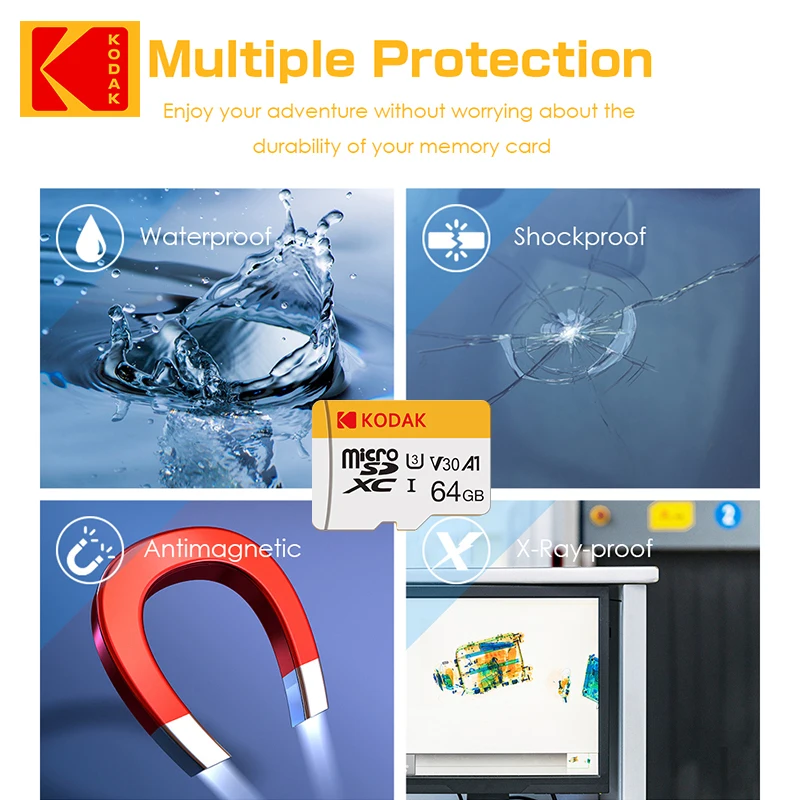 100% 오리지널 KODAK 마이크로 SD 카드 64GB 95 메가바이트/초 Class10 U3 UHS-I TF 카드 4K HD USB 카드 리더 어댑터 microsd