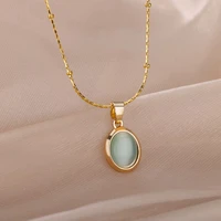 Collier ovale en pierre colorée pour femmes, en acier inoxydable, couleur or, opale verte, pendentif, bijoux esthétiques, Gif 2
