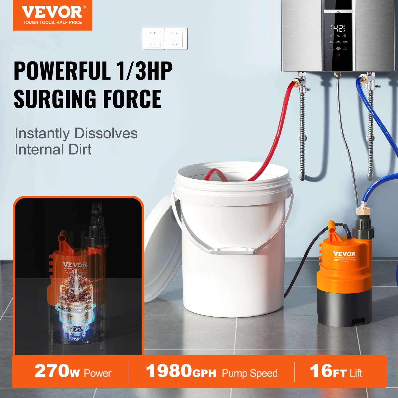 VEVOR Tankless Water Heater Flushing Kit Includes Efficient Pump & 5 Gallon Pail & 2 Hoses & Descaling Powder Quick Instal 2