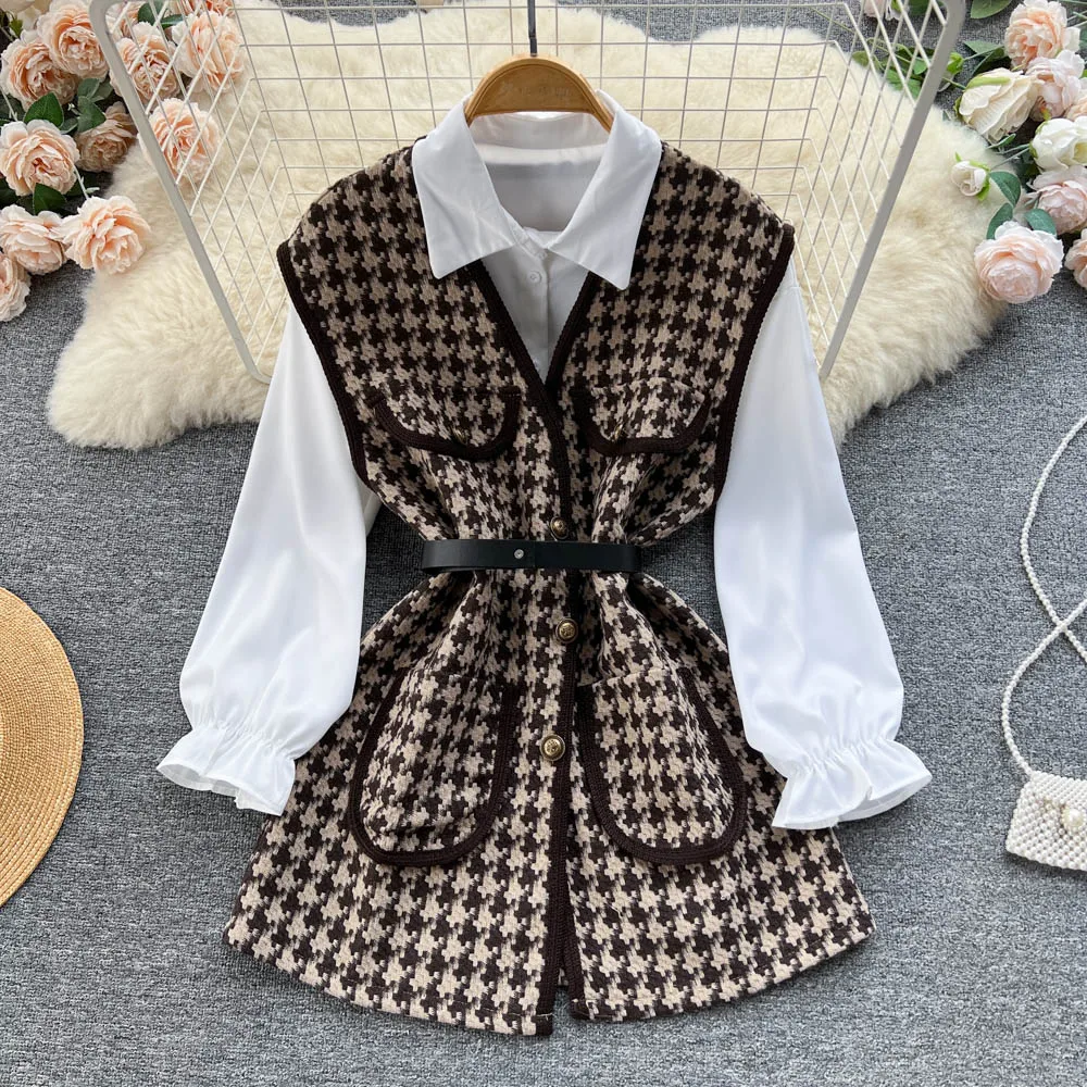 

Fall Outfits Women New Solid Color Single-breasted Blouse Tops Fashion Houndstooth Slim Vest Coats Casual Two Piece Set Women
