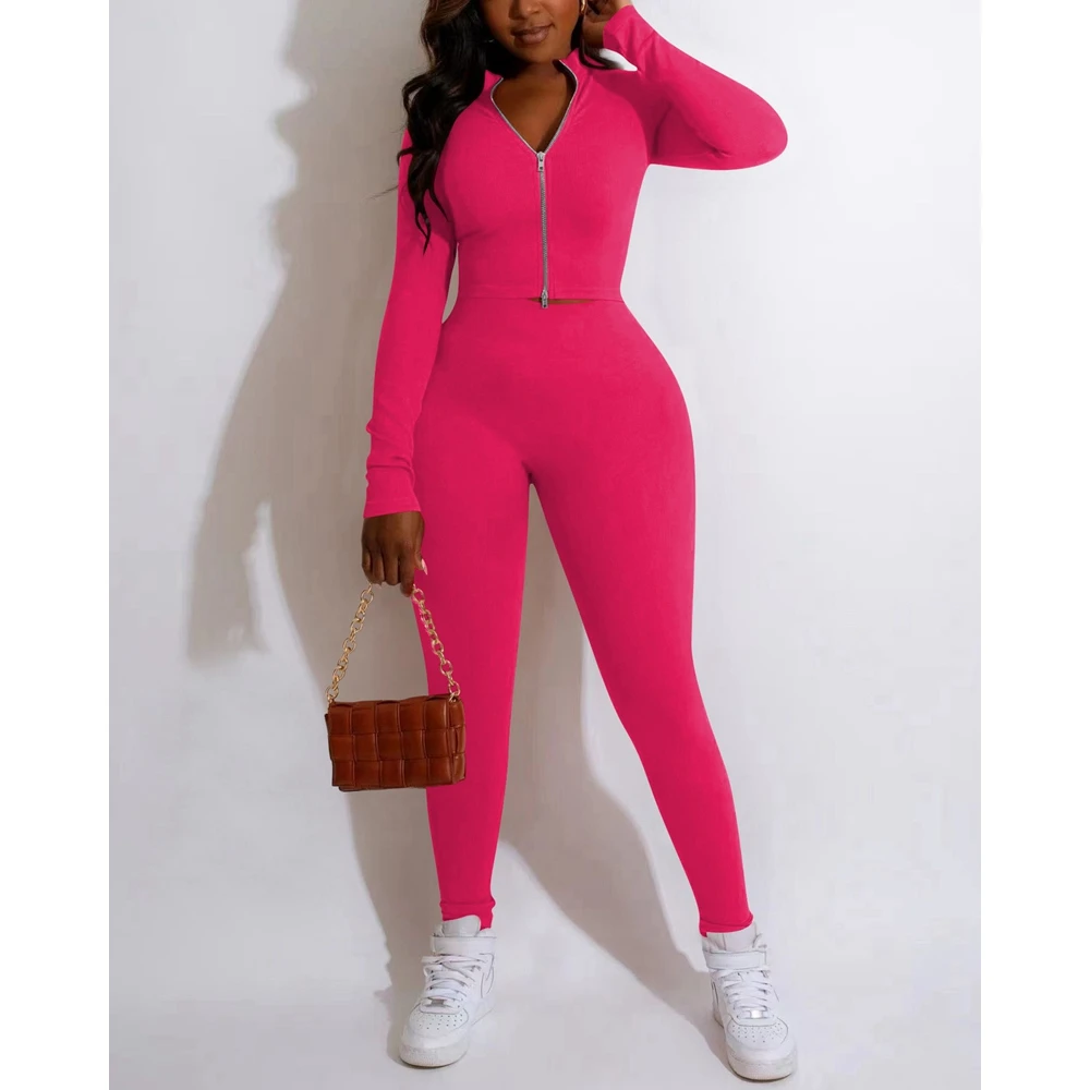 Casual Womens Tracksuit Zipper Design Long Sleeve Top & Skinny Pants Set Workout Tight Sporty Yoga 2 Piece Set for Women Outfits