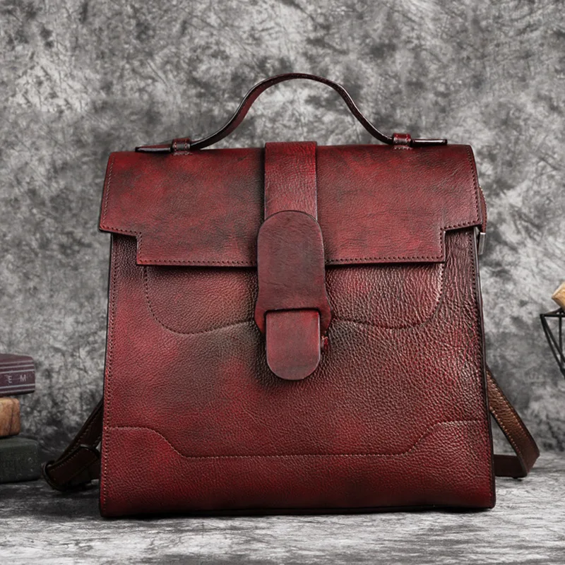 Vintage Women Genuine Leather Backpack Solid Pattern First Layer Cowhide Travel Bags Retro Real Cow Leather Double Shoulder Bag 3