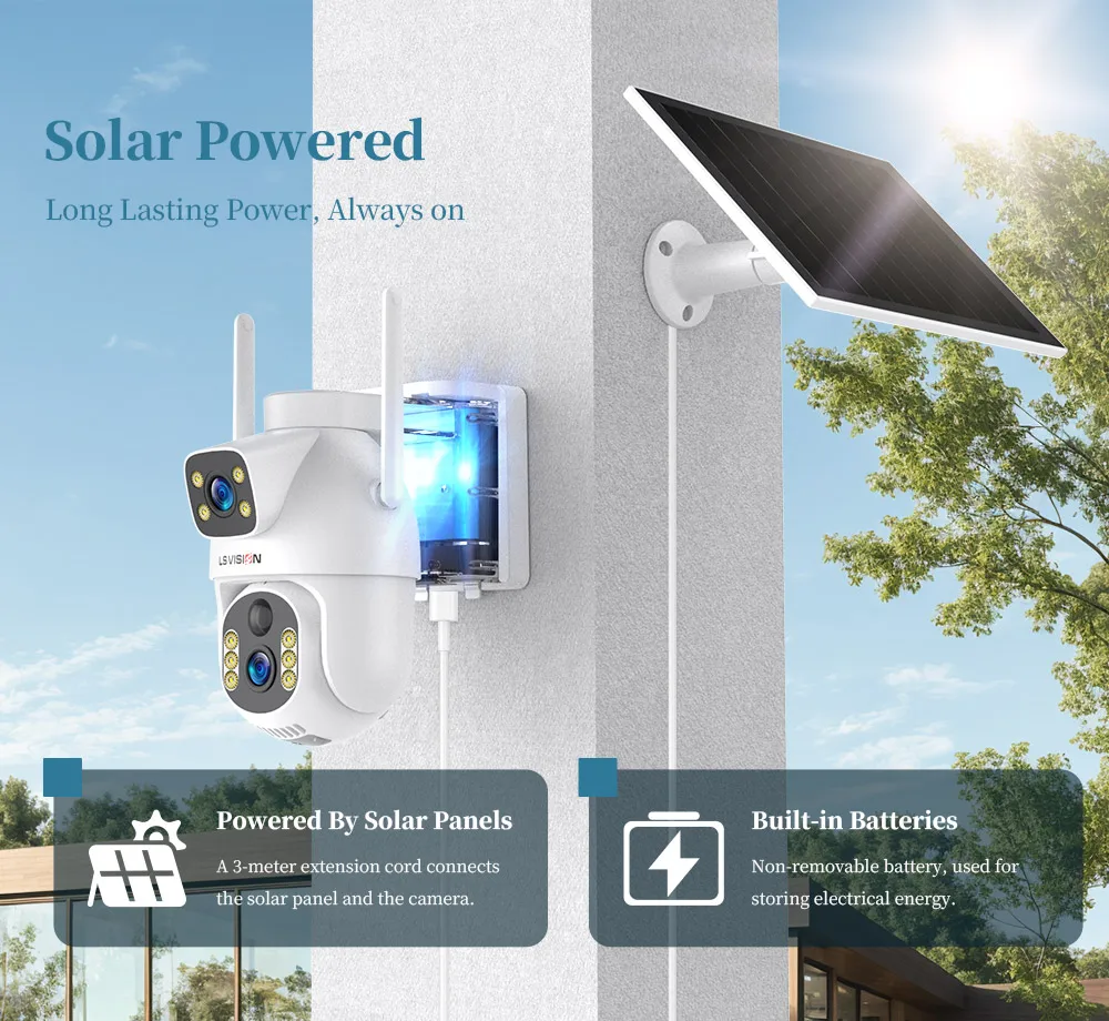 LS VISION 8MP 4G SIM Solar Camera Dual Lens Outdoor Security Cameras CCTV PIR Hu