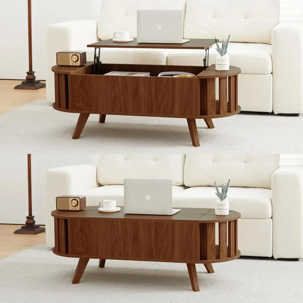 Wood Top Coffee Table with Hidden Storage,47.24" Oval Lift Table Top Curved Profile Design Low Tea Table for Living Room, Office 6
