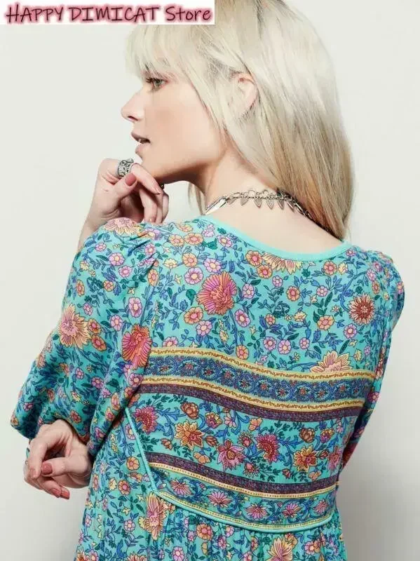 Women Dress Vintage 70S Hippie Deep V Neck Ethnic India