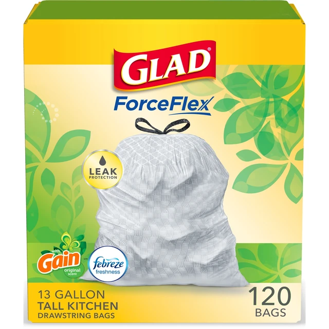 Glad ForceFlex Tall Kitchen Trash Bags, 13 Gallon, 120 Bags (Gain