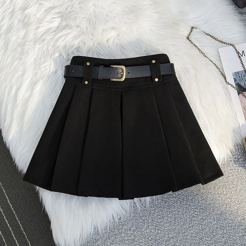 Vintage Woolen Mini Skirt Women with Belt Black Pleated Skirts Fall Winter Korean Preppy High Waist All Match A Line Skirt New 2