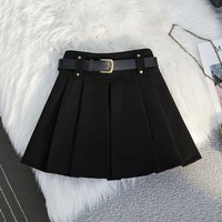 Vintage Woolen Mini Skirt Women with Belt Black Pleated Skirts Fall Winter Korean Preppy High Waist All Match A Line Skirt New 2