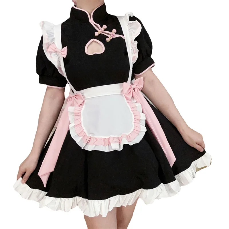 

Kawaii Girl Black Sexy Hollow Chinese Maid Dress Cheongsam Maid Uniform Set Costume Stage Party Cosplay Bunny Skirt Lolita