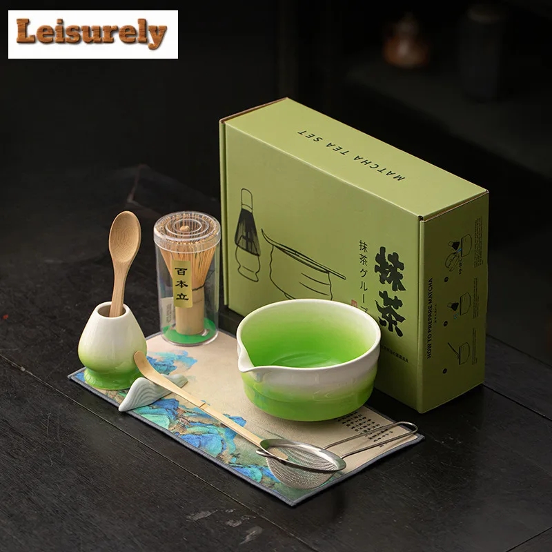 8 Pcs Leaf Tip Gradient Matcha Whisk Set Matcha Bowl, Matcha Bamboo Whisk, Scoop, Sifter Home Kitchen Decor Tea Making Tools