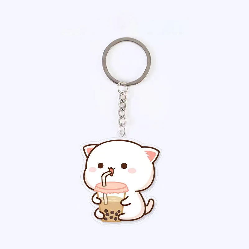 10pcs/lot Mitao Cat Acrylic Keychain Cute Couple Peach Cat Schoolbag Ornaments Cat Surrounding Stand Pendant Charm Keyring Gift