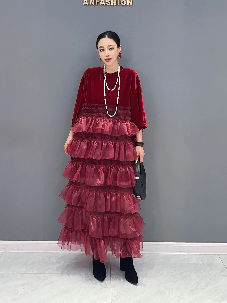 

SuperAen 2023 Осень Новый корейский тяжелой промышленности Золотой Бархат сплайсированные органзы пуловер платье для женщин