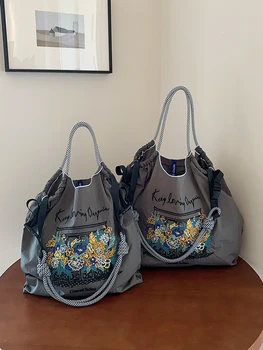 Women's shopping bag, nylon bag, cloth bag, ethnic style, embroidered window cut pattern, Bohemian style, large capacity Tote ba