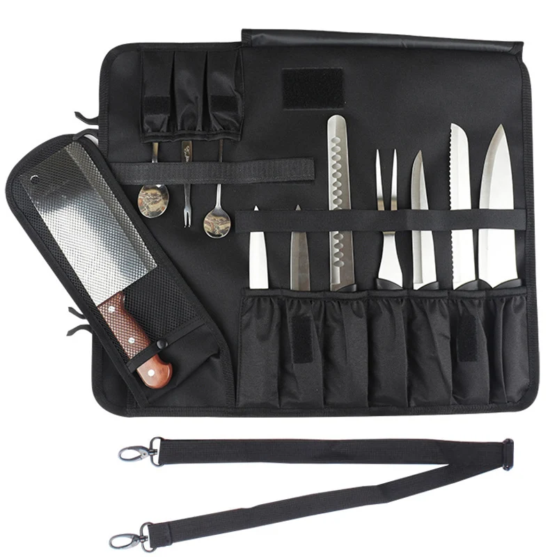 16 Slot Outdoor Picnic Chef Knife Bag Roll Bag Professional Foldable Carrying Case Cleaver Slicer Santoku Knife Storage Pockets 3
