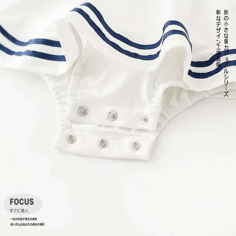 Nuova estate neonata body colletto blu scuro fiocco tinta unita maniche corte collo marinaio tuta infantile abbigliamento neonato H02101 - immagine 5