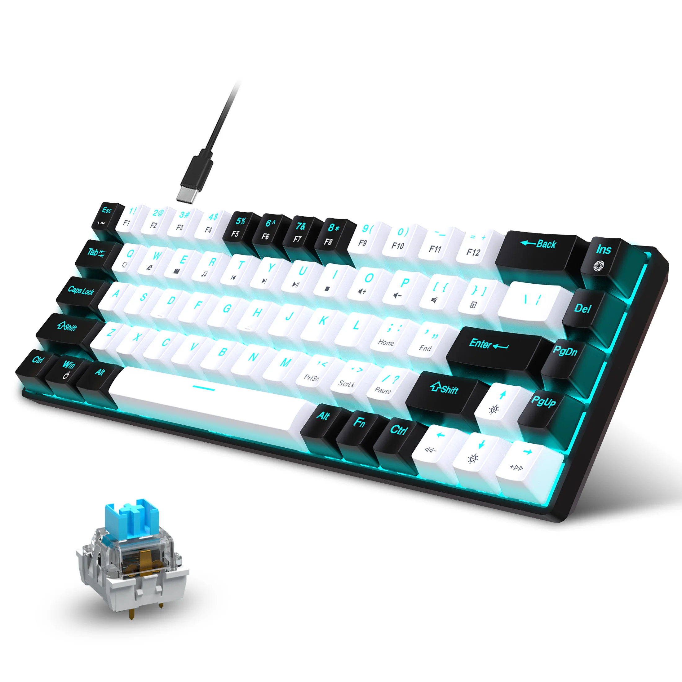 Teclado mecânico para jogos, LED retroiluminado, Interruptor azul, Ergonômico RGB, Quente, Troca, Jogos, PC, Laptop, Escritório, 68 Chaves