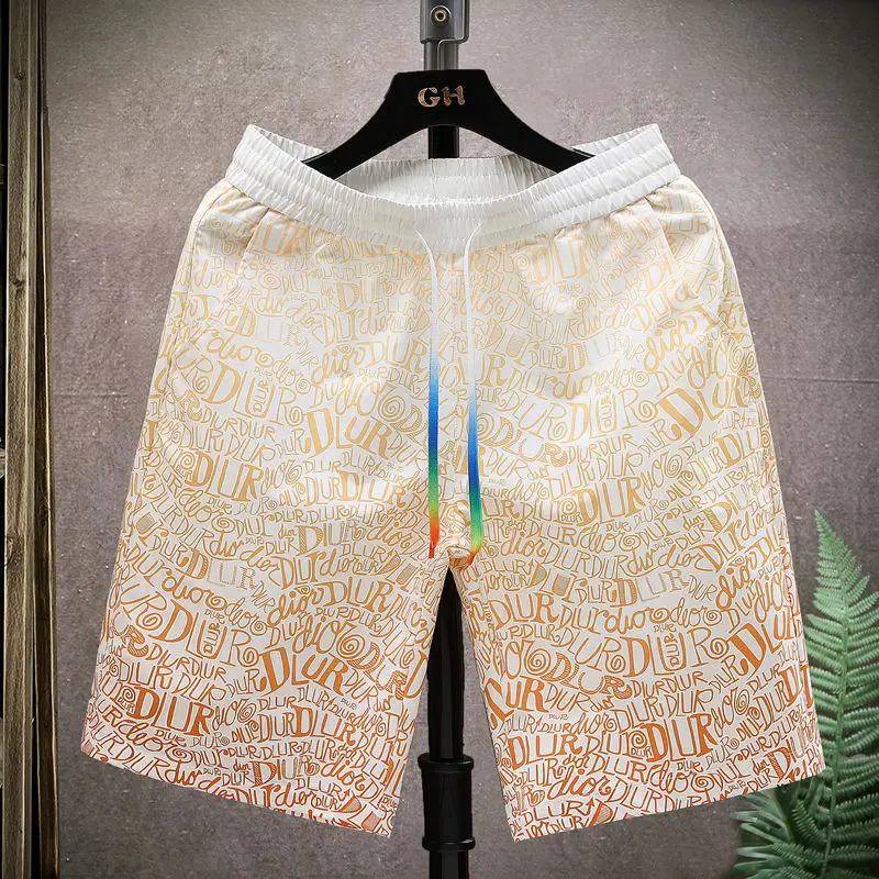 2024 Summer Casual Loose Fashion Trend Quick Drying Thin Sports High Waisted Drawstring Printed Five Point Beach Pants for Men