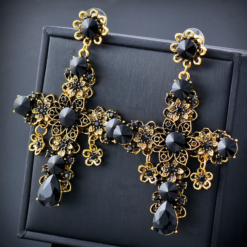Vintage Black Cubic Zirconia Big Cross Drop Earrings Women Trend Punk Fashion Party Jewelry Accessories ES380