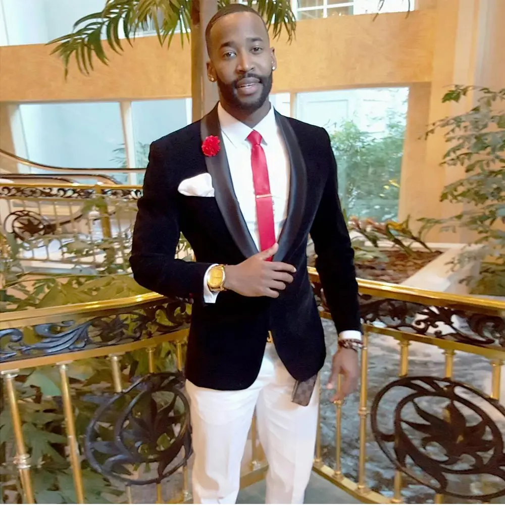 

Дизайнерский мужской костюм, блейзеры с шалью и лацканами, свадебные мужские смокинги, приталенная одежда для жениха, комплект из 2 предметов, черная куртка для выпускного вечера и белые брюки