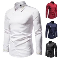 Men's Long Sleeved Shirt Embroidered Asymmetrical Button Design Wedding Groomsman Formal Party Dress Gentleman Casual Shirt 4
