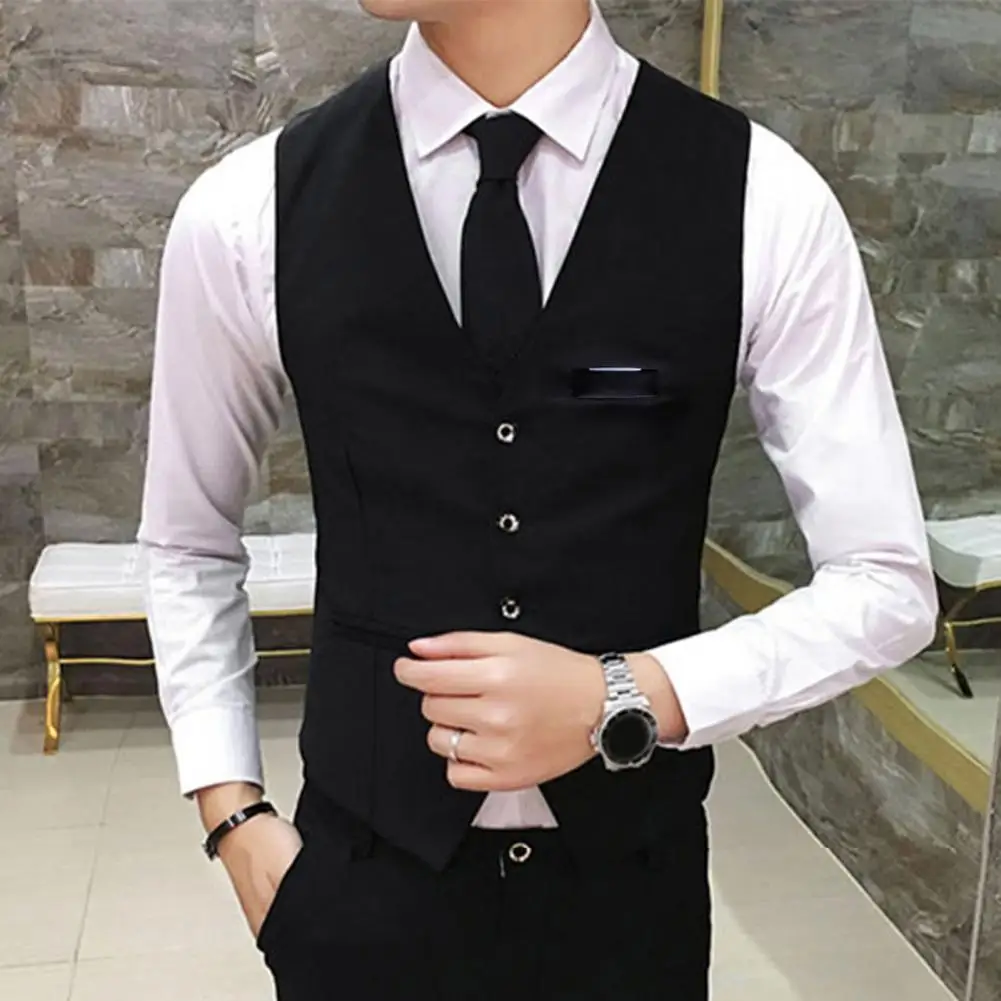 Men Suit V Neck Sleeveless Solid Color Waistcoat Slim Fit Single-breasted Cardigan Formal Business Coat Groom Wedding Coat mens suit dress vests