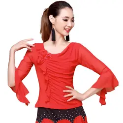 Latin Shirt Ballroom Top Solid Mesh Loose Sleeves Dance Practice Wear Flamenco T-Shirt Competition Costume Performance Clothes