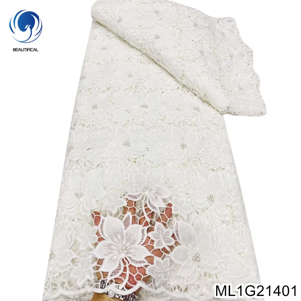 

2023 High Quality Beautiful French Beads Flowers African Embroidery Fabric Sewn Lace Hot Water Polyester Party Dress ML1G214