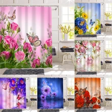 

3d Rose Butterfly Printed Shower Curtain for Bathroom Decoration Durable Fabric Waterproof Bath Curtains with Hooks