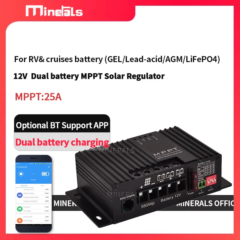 MPPT Controller 12v 25a Support Bluetooth APP Smart Solar Charging Controller Dual battery MPPT Solar Regulator For RV Regulator solar charger solar battery charge controller