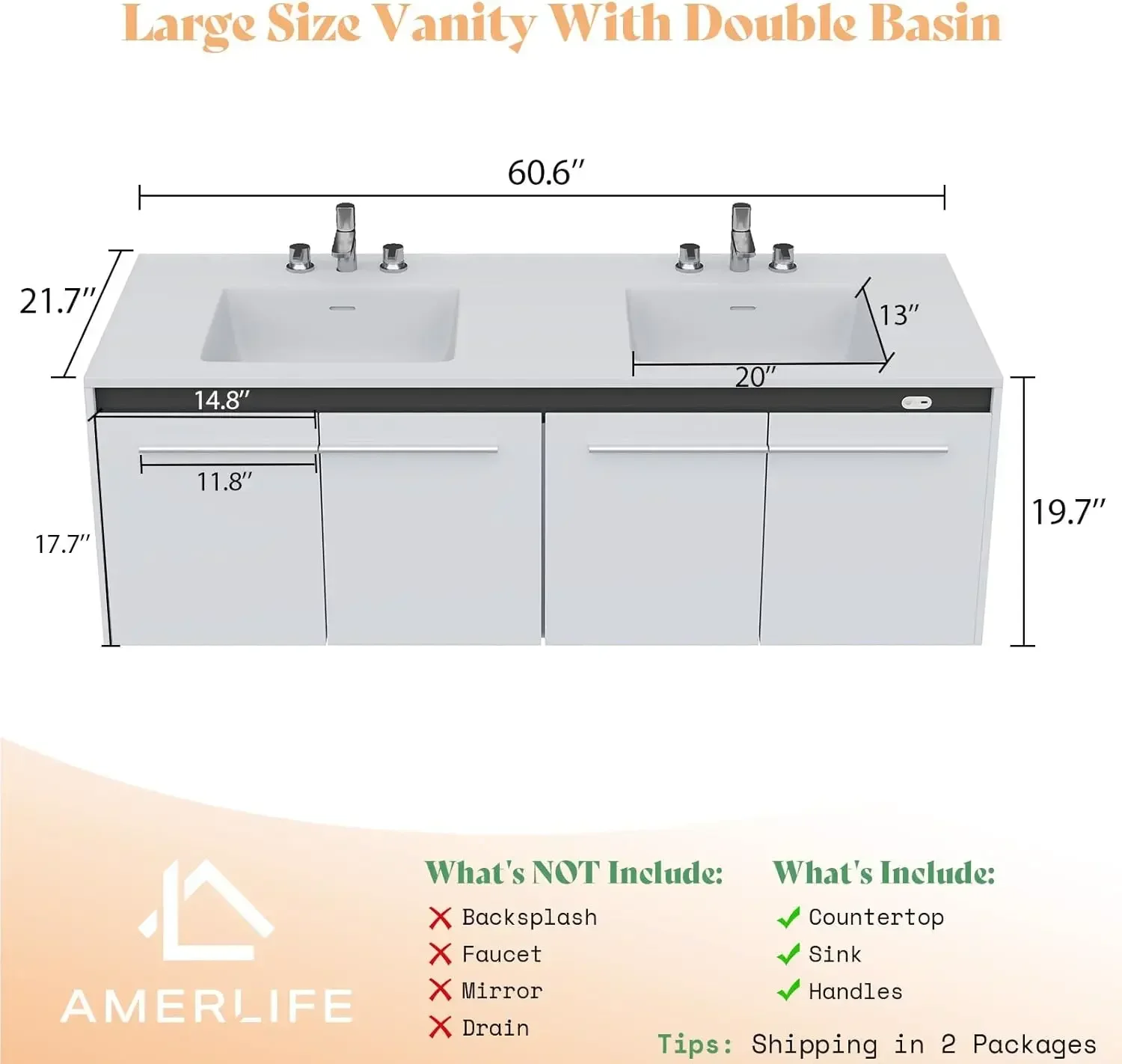 60"LED Floating Bathroom Double Vanity with Sink Combo, Modern High Gloss Wall Mounted Bathroom Storage Cabinet with 3 Hole Sink 2