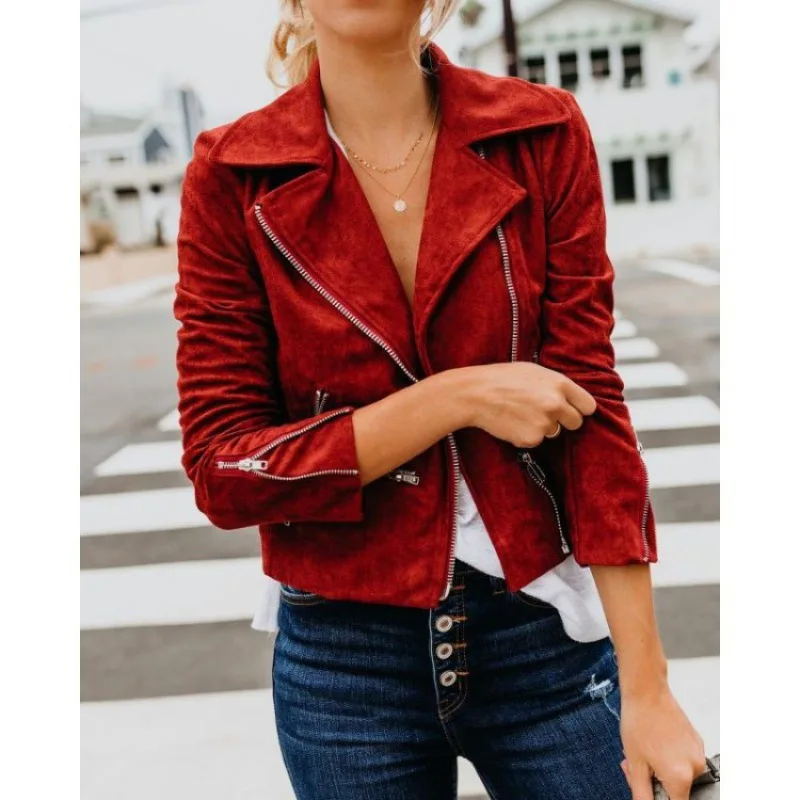 European And American Style 2024 New Coat Women's Autumn And Winter Lapel Multiple Zipper Short Fashion Solid Color Jacket Top 4