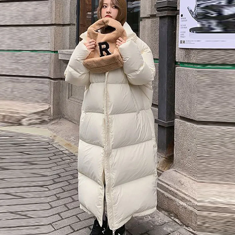 

Очень длинное плотное теплое пальто на 90% белом утином пуху, зимняя теплая ветрозащитная женская верхняя одежда, антистатическое повседневное свободное Женское пальто