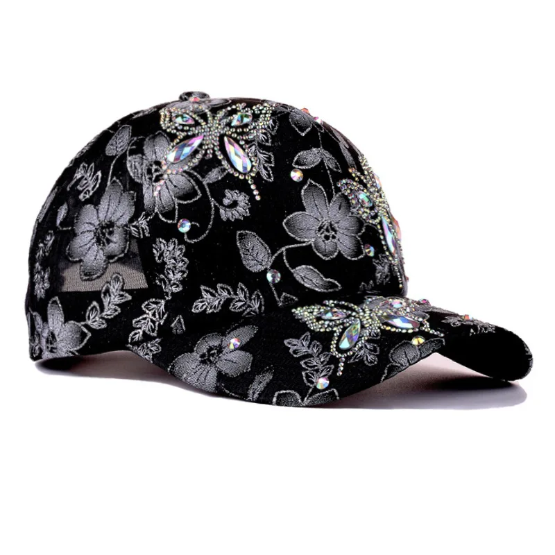 Frauen Baseball Kappe Blume Schmetterling Strass Spitze Atmungsaktive Sonnenschirm Gebogene Krempe Mode Kappe Street Dance Party Casual Neue – Detail 7