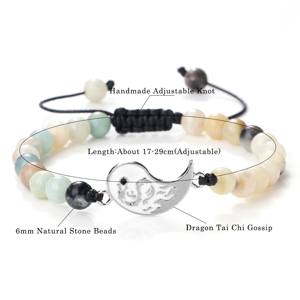 2Pcs/Set Fashion Dragon Tai Chi Gossip Couple Bracelet 6mm Natural Tiger Eye Black Lava Beads Yin Yang Bangle Friendship Jewelry