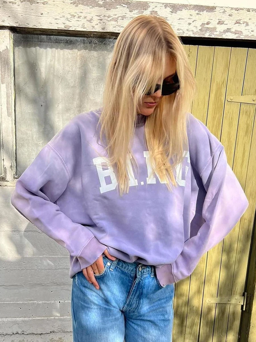 

Фиолетовый потертый свитшот с надписью 2024, шикарный Повседневный Спортивный пуловер с круглым вырезом и длинным рукавом, новые винтажные Модные свитшоты на осень