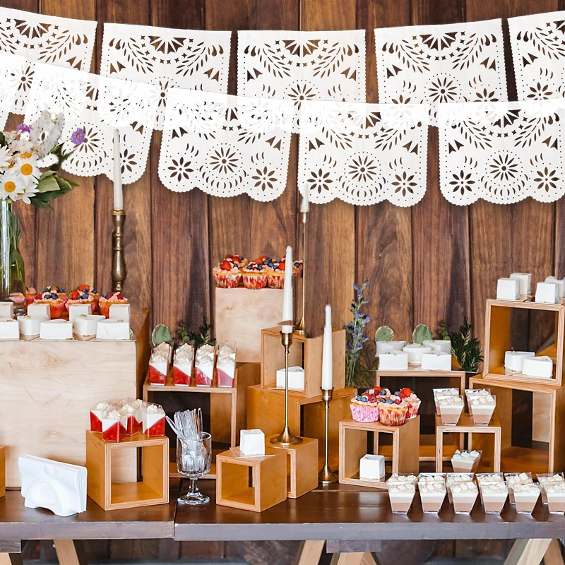 Weißes geschnitztes Papel-Picado-Banner zum Aufhängen, Graland für mexikanische Party-Dekoration, Hochzeit, Geburtstag, Partyzubehör, Kunststoffflaggen – Detail 2