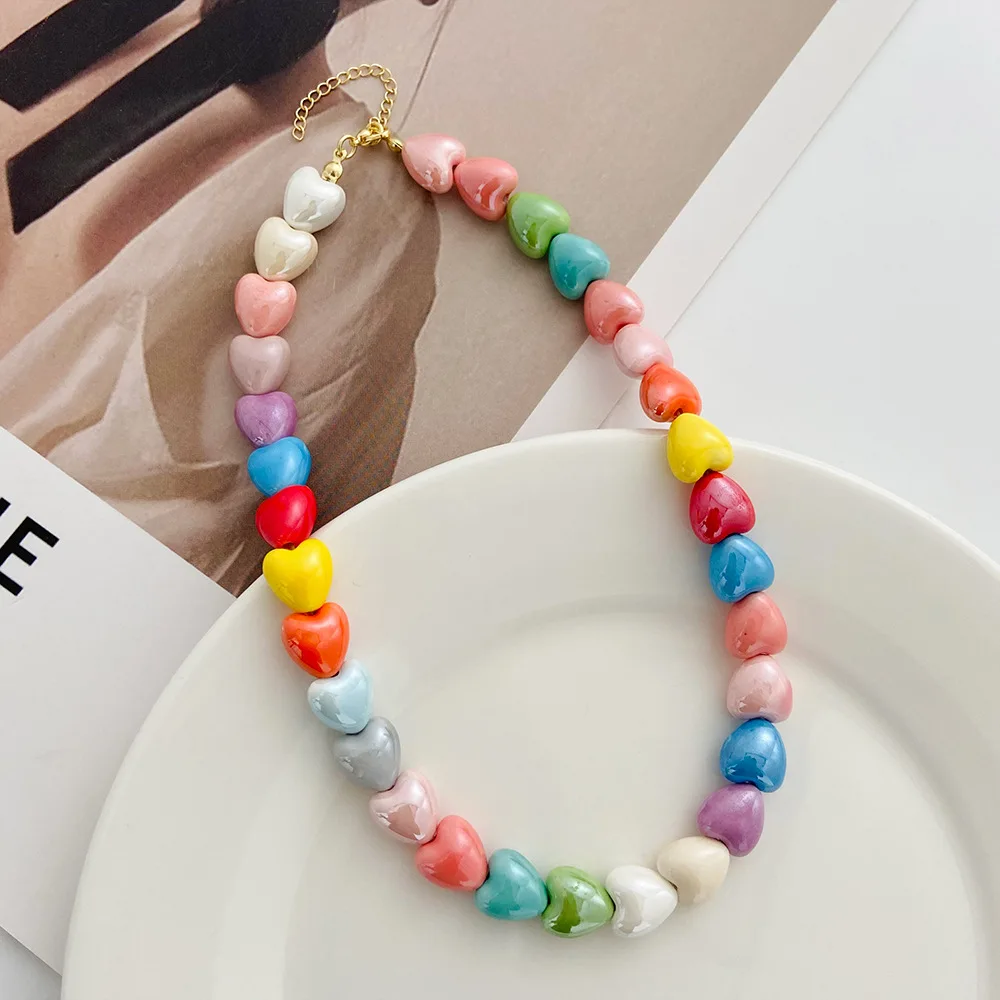 Ceramic Color Love Splicing Necklace Fashionable Girl's Heart Niche Design Peach Heart Clavicle Chain Gothic Choker New 2022