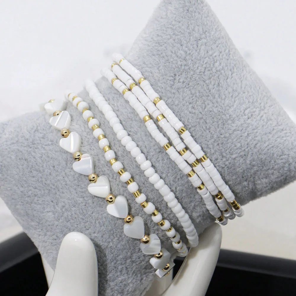 6pcs Bead Bracelet Delicate Bead Heart & Shell Handmade Elastic Multi-Layer Bracelets For Valentine's gift B082