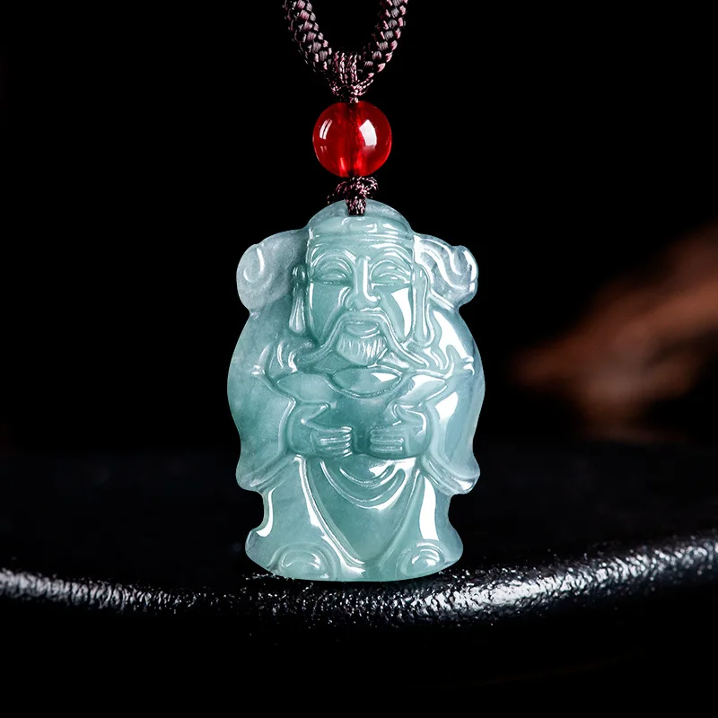 

Natural A Cargo Emerald Blue Water Small Wealth God Pendant Pendant Wealth Ice Seed Jade Male and Female Pendant Gift