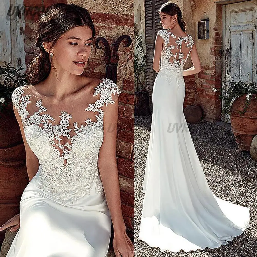 

Modest Soft Satin Bateau Neckline Mermaid Wedding Dresses With Lace Appliques Sheer Bridal Dress Illusion Back