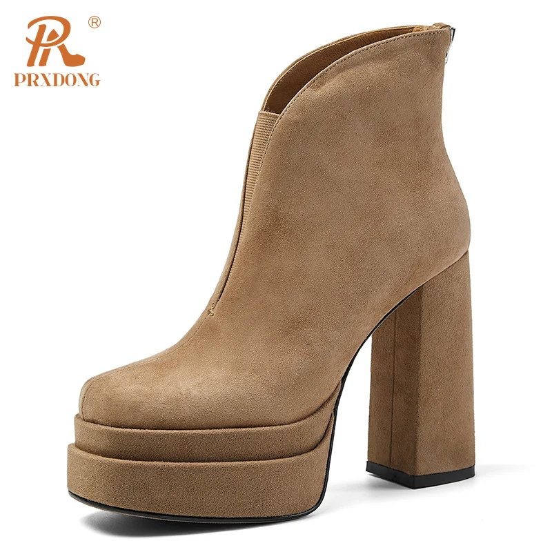 

PRXDONG Genuine Leather Shoes 2023 New Fashion Autumn Winter Warm ANkle Boots Chunky High Heels Platform Black Apricot Party 39
