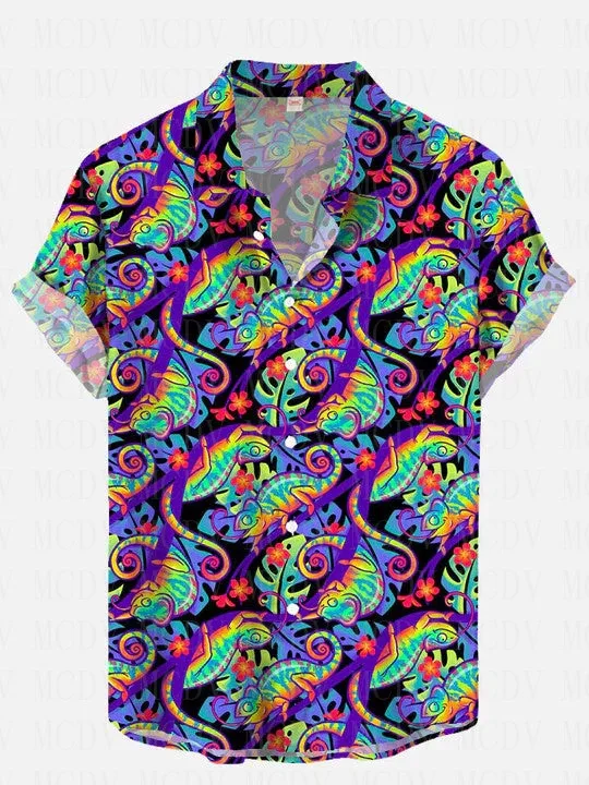 

Bright Neon Colorful Creative Rainbow Chameleon Printing Short Sleeve Shirt 3D Hawaiian Shirts Summer