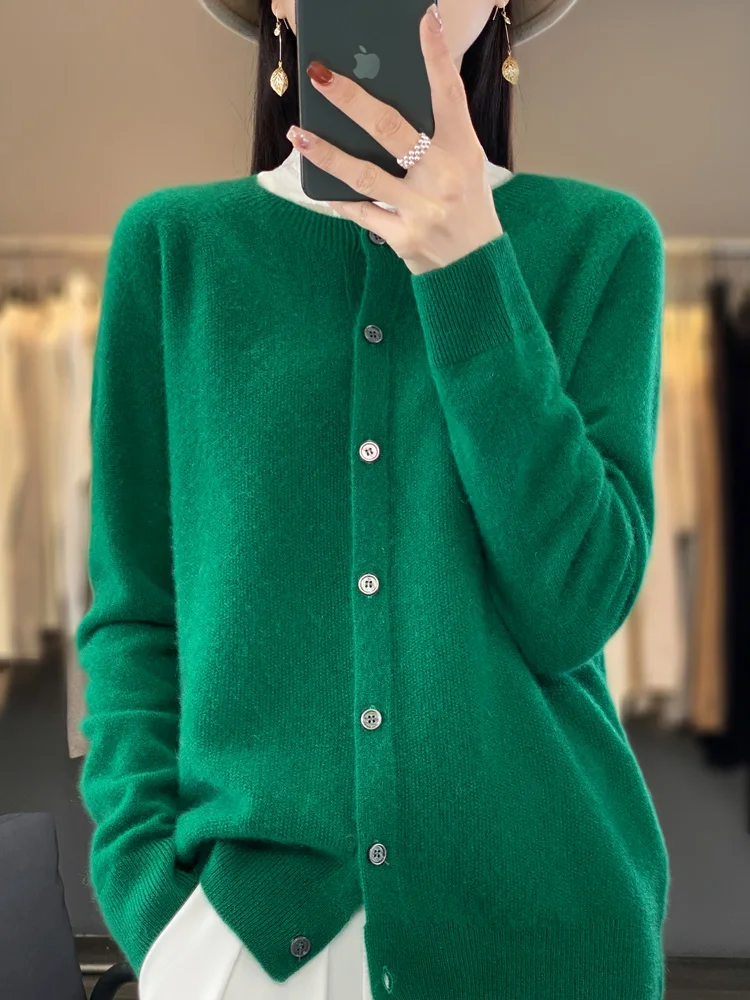 New Fashion Women Autumn Winter Cardigan 100% Merino Wool O-neck Solid Basic Long Sleeve Cashmere Knitted Sweater Female Clothes